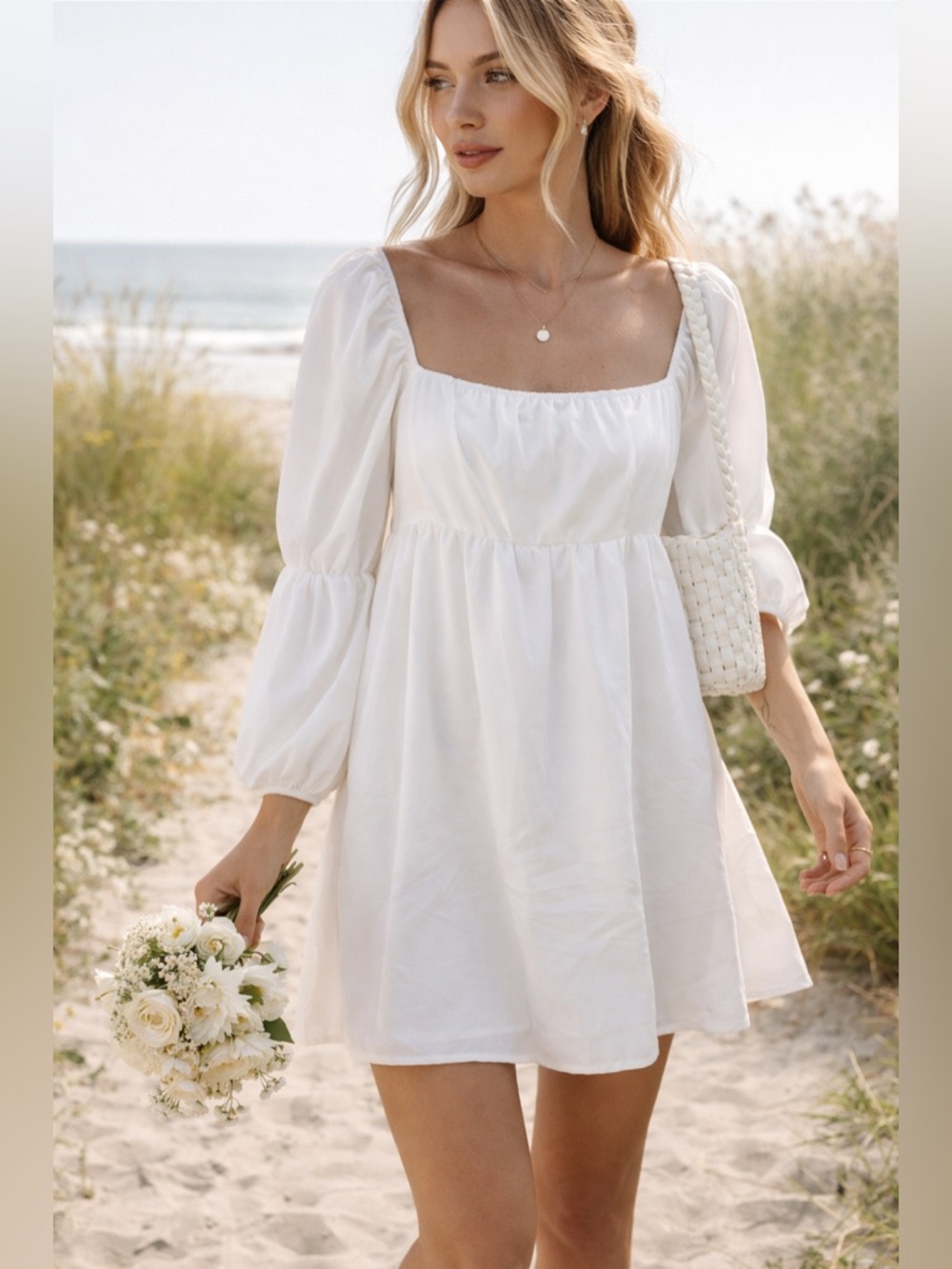 White Puff Sleeve Babydoll Mini Dress Square Neck Cottagecore XXL